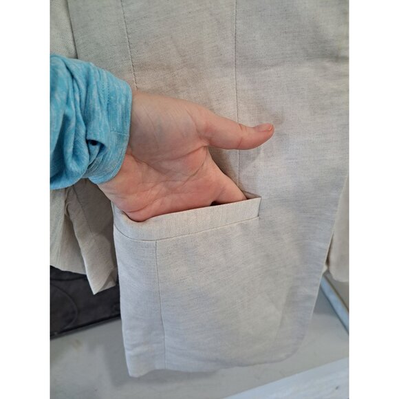 H&M Linen Bld Beige Ruched Sleeve Blazer Women's Size 8 Lightweight Open Front - Picture 4 of 10